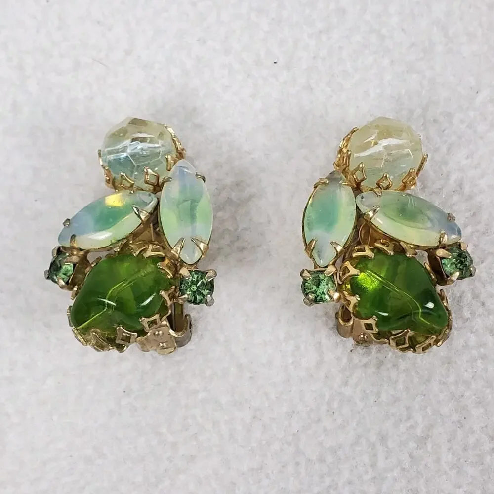 Vintage MCM Green Rhinestone Gold Tone Brooch and Earrings Set